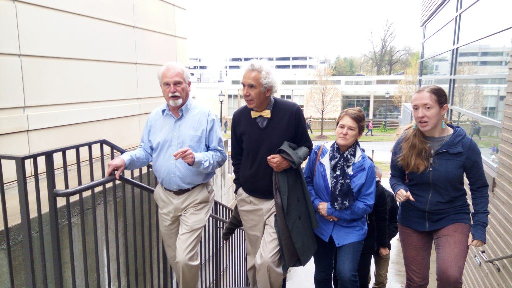 Entering the ARkansas Center for Sopace and Planetary Sciences. From Left Larry Roe, Director, Prof. Dr. Gustavo Zubieta-Calleja, Cindy Youngblood and Caitlin Ahrens pHd Student.